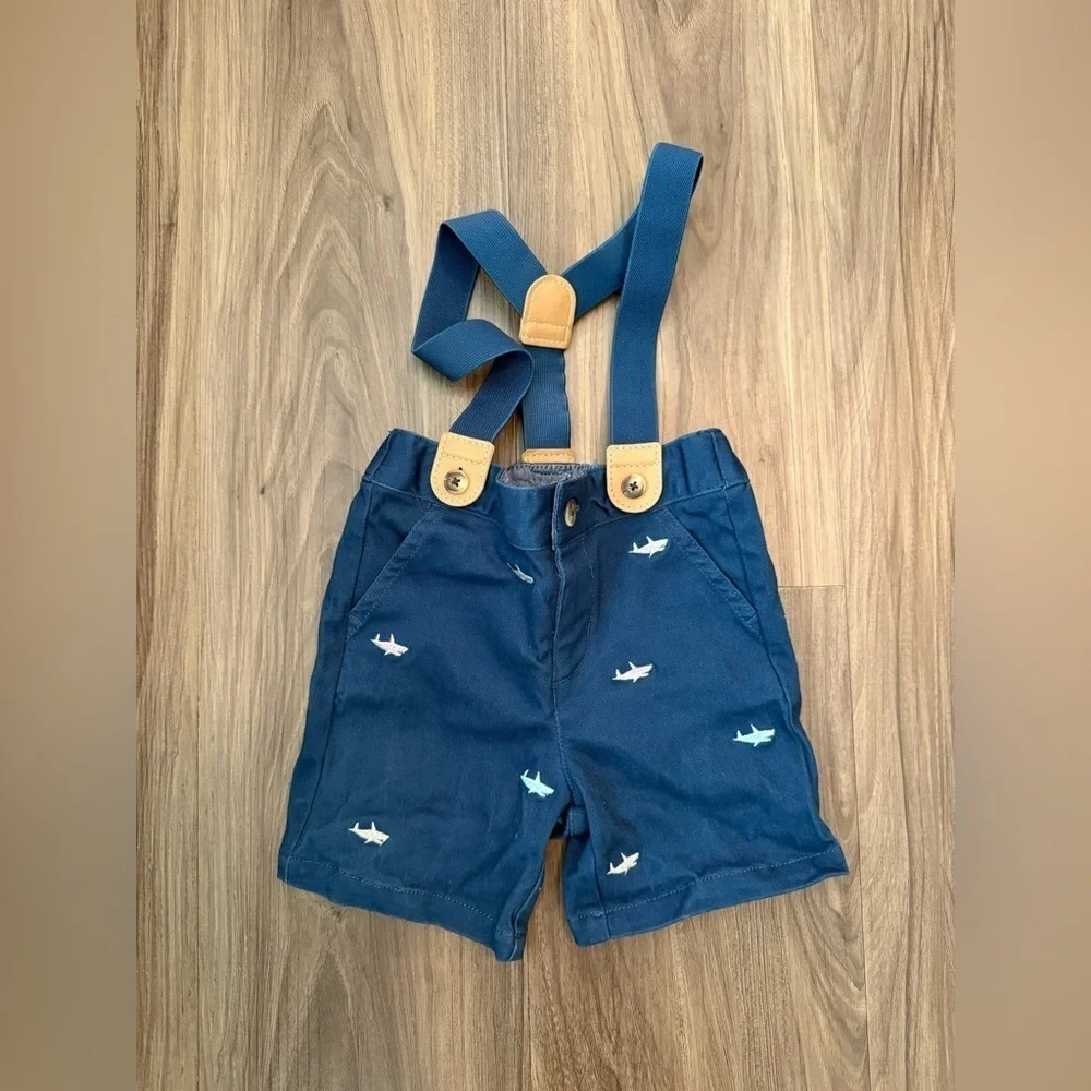 Gymboree Baby Blue Shorts with Shark Design and suspenders size 12-18M